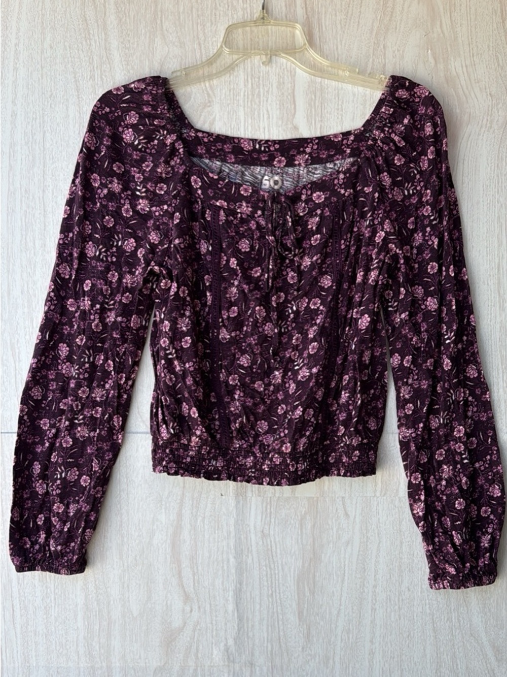 SO Floral Crop Peasant Top - Purple Pink